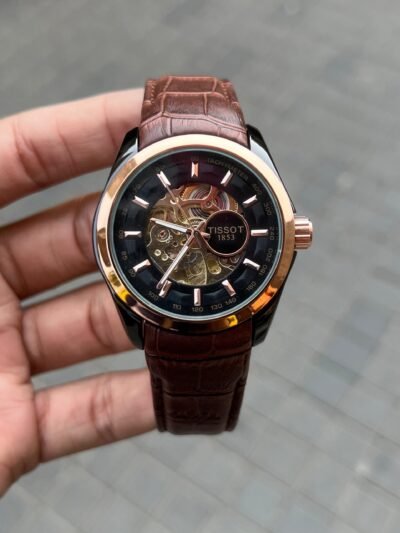 TIssot Skeleton Automatic brown strap black dial