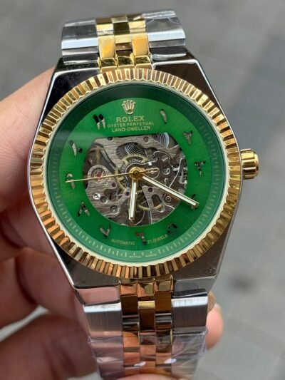 ROLex LAND DWELLER SKELETON COMES WITH DUAL TONE STRAP AND GREEN DIAL